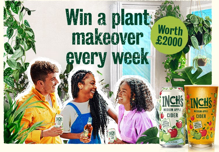 Three people smiling and talking to each other while drinking Inch's cider. The image includes a text over it saying "Win a plan makeover every week - worth £2000"